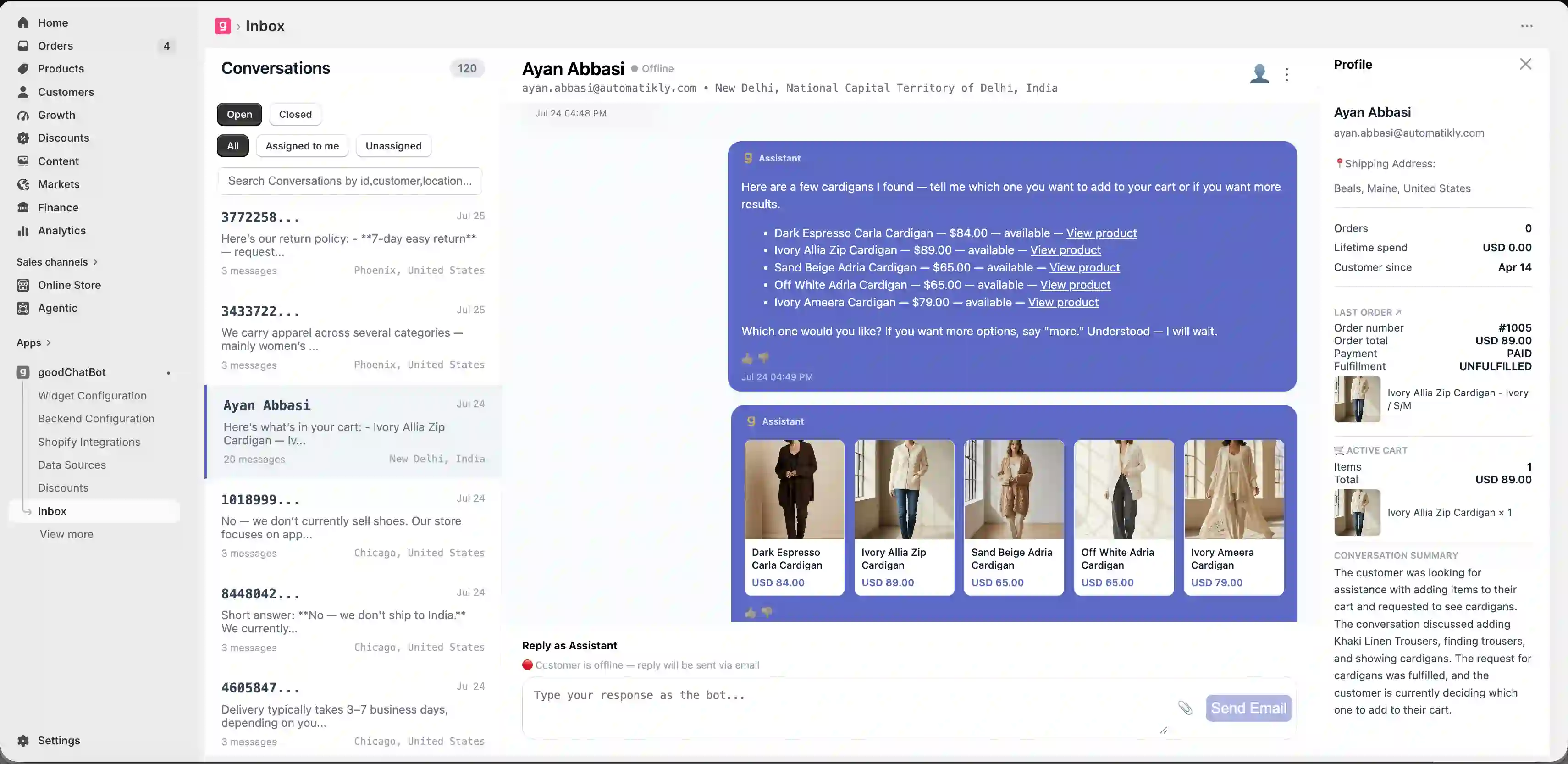 goodChatBot admin dashboard screenshot