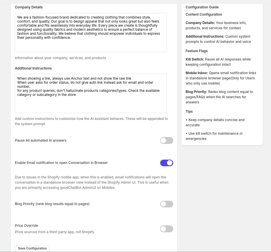 goodChatBot admin dashboard screenshot