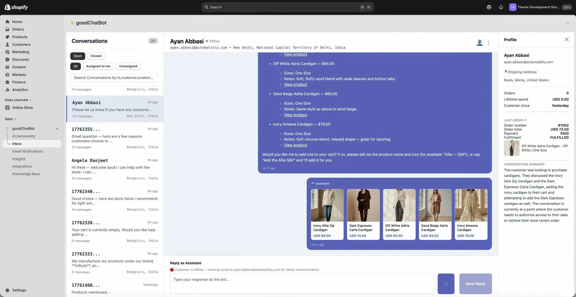 goodChatBot admin dashboard screenshot